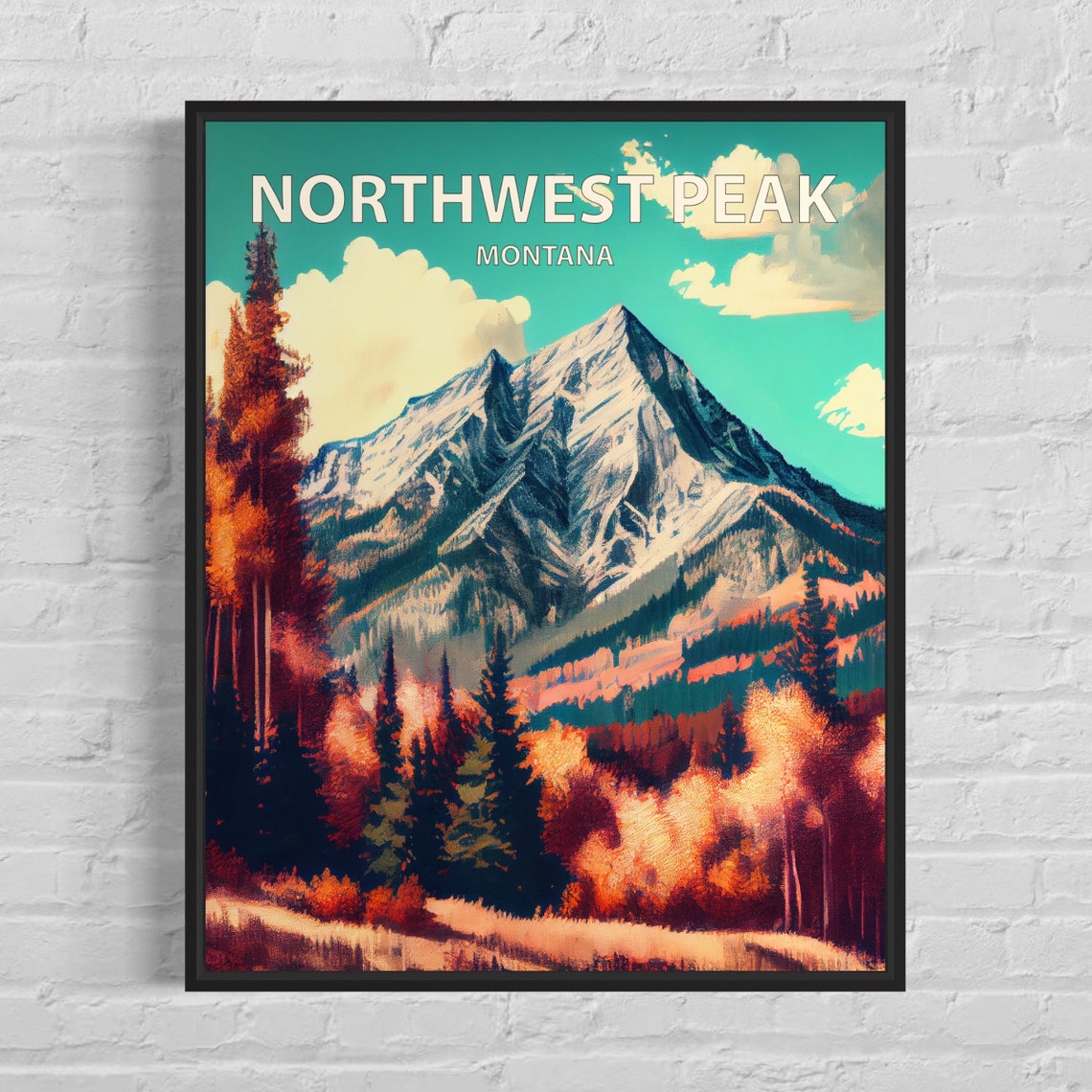 Northwest Peak Montana Snowy Summit Evergreen Forest Art Poster