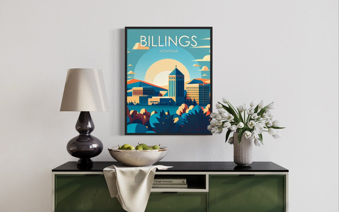 Billings Montana Downtown Tower Sunrise Retro Skyline Travel Poster - Image 3