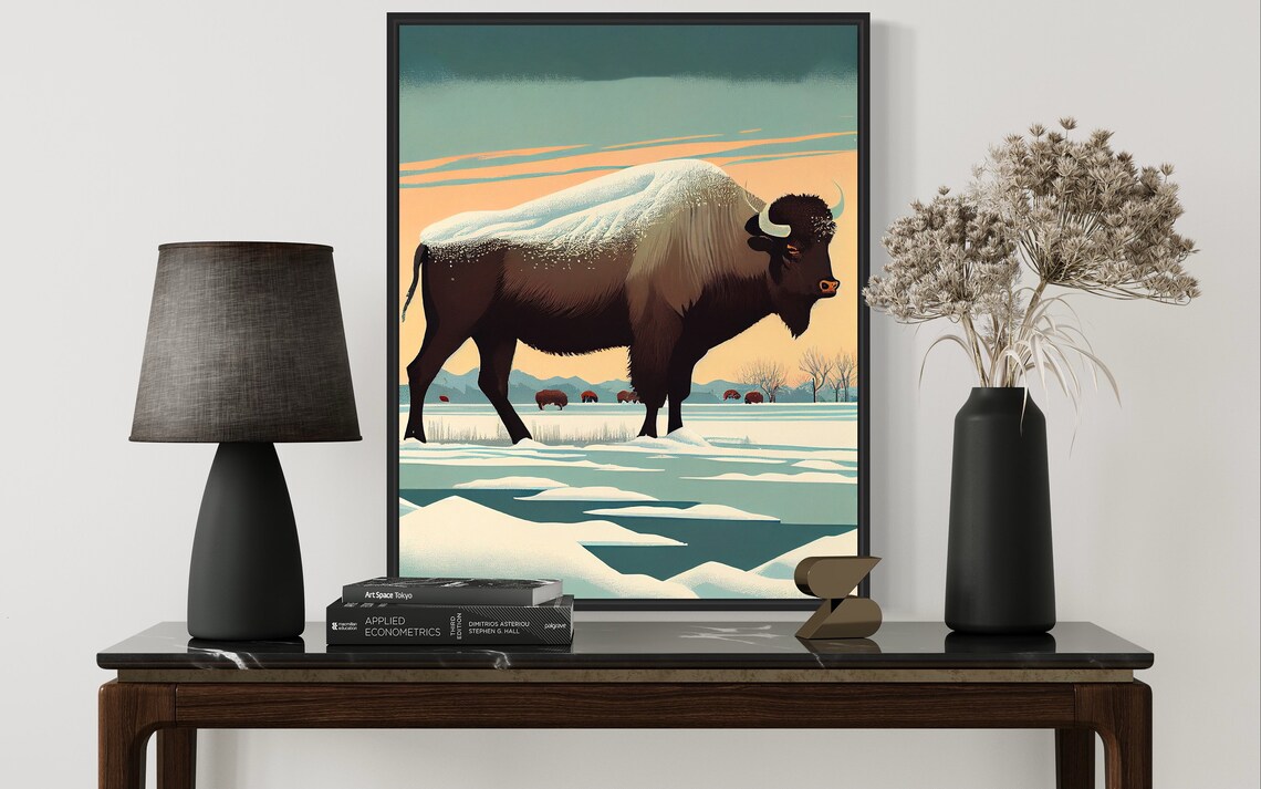 Snow Covered Bison Winter Frozen Prairie Majestic Wildlife Scene Poster - Image 2