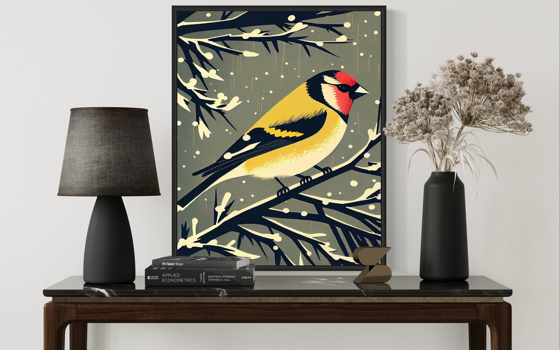 European Goldfinch in Winter Snowy Branch Vintage Bird Art Print - Image 2
