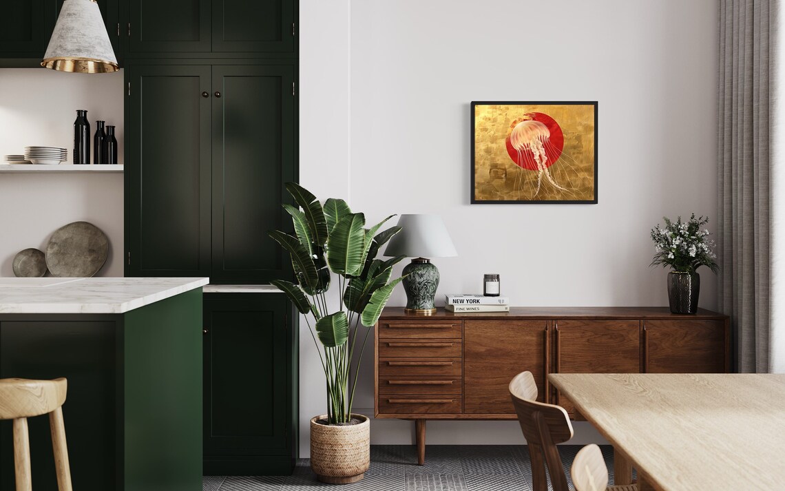 Jellyfish Art Print Red And Gold Wall Art Decoration Artwork - Image 2