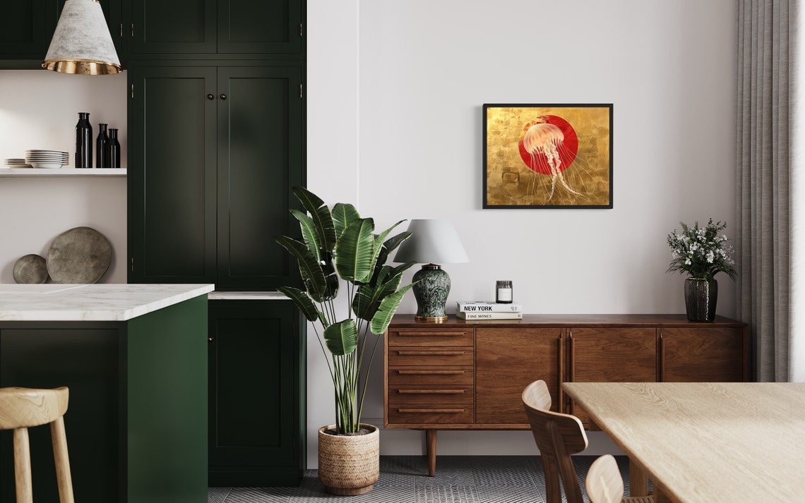 Jellyfish Drifting Before Red Sun Gold Leaf Ocean Art Poster - Image 2