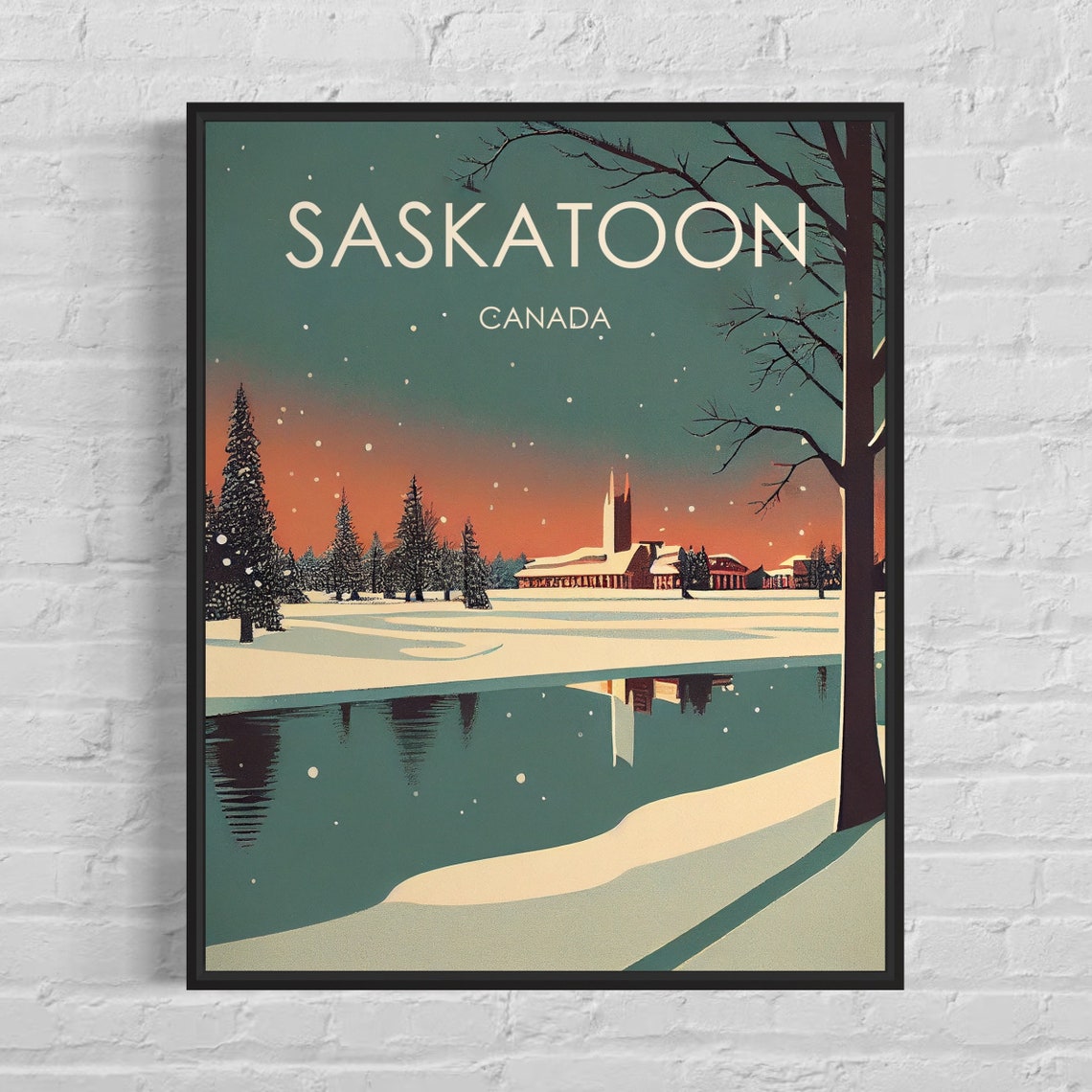 Saskatoon Canada Winter Snowfall River Reflection Retro Travel Poster