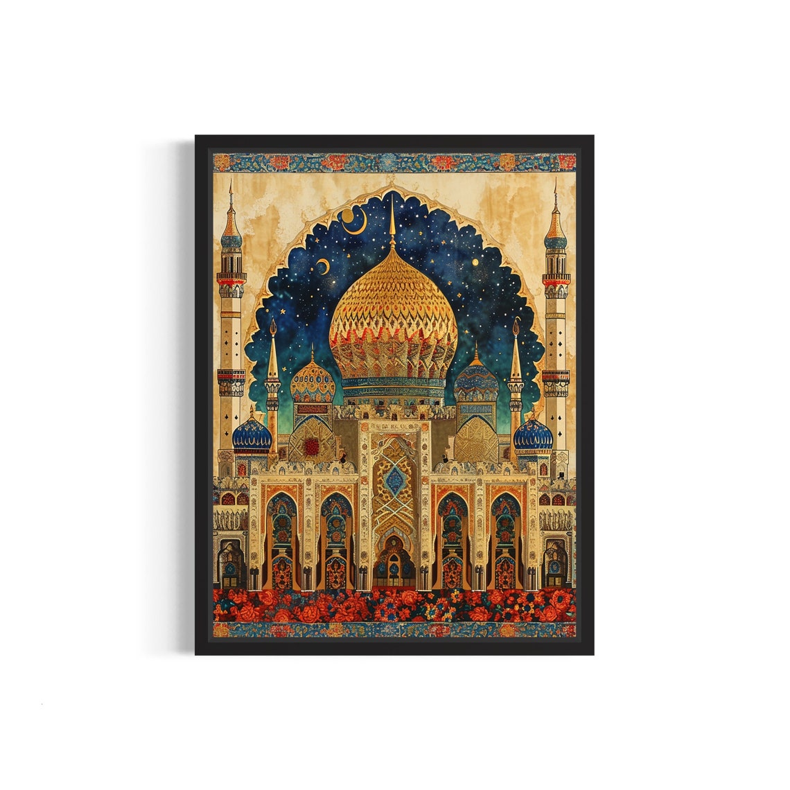 Majestic Golden-Domed Mosque Under a Starry Night Sky Poster
