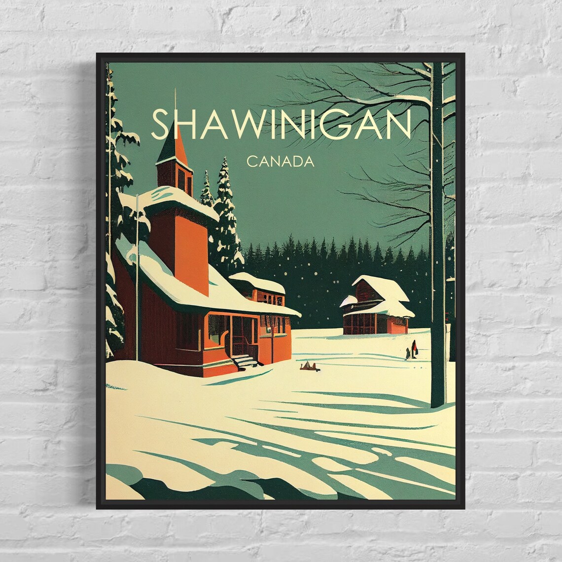 Shawinigan Canada Snowy Red Church Winter Scene Travel Poster