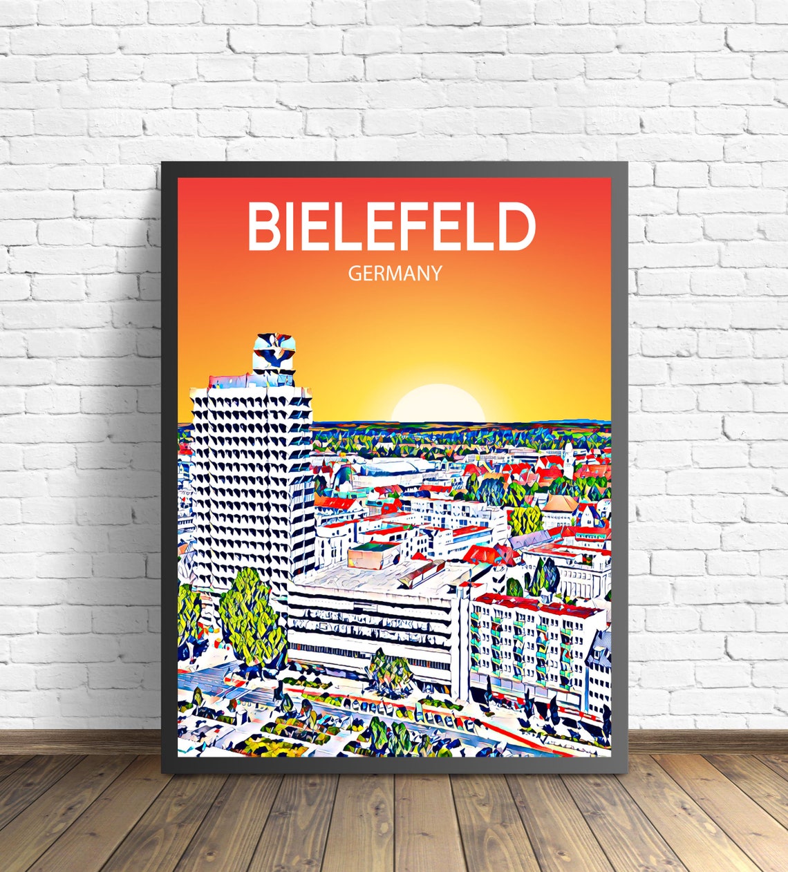 Bielefeld Germany Sunset Skyline Tower Sketch Travel Poster Art