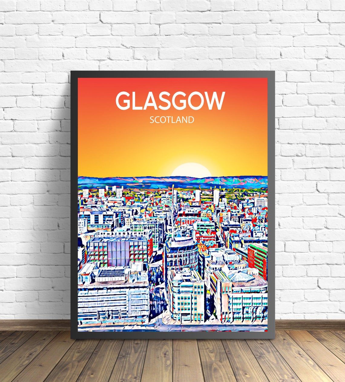 Glasgow Scotland Sunset Skyline Colorful Pop Art City Travel Poster