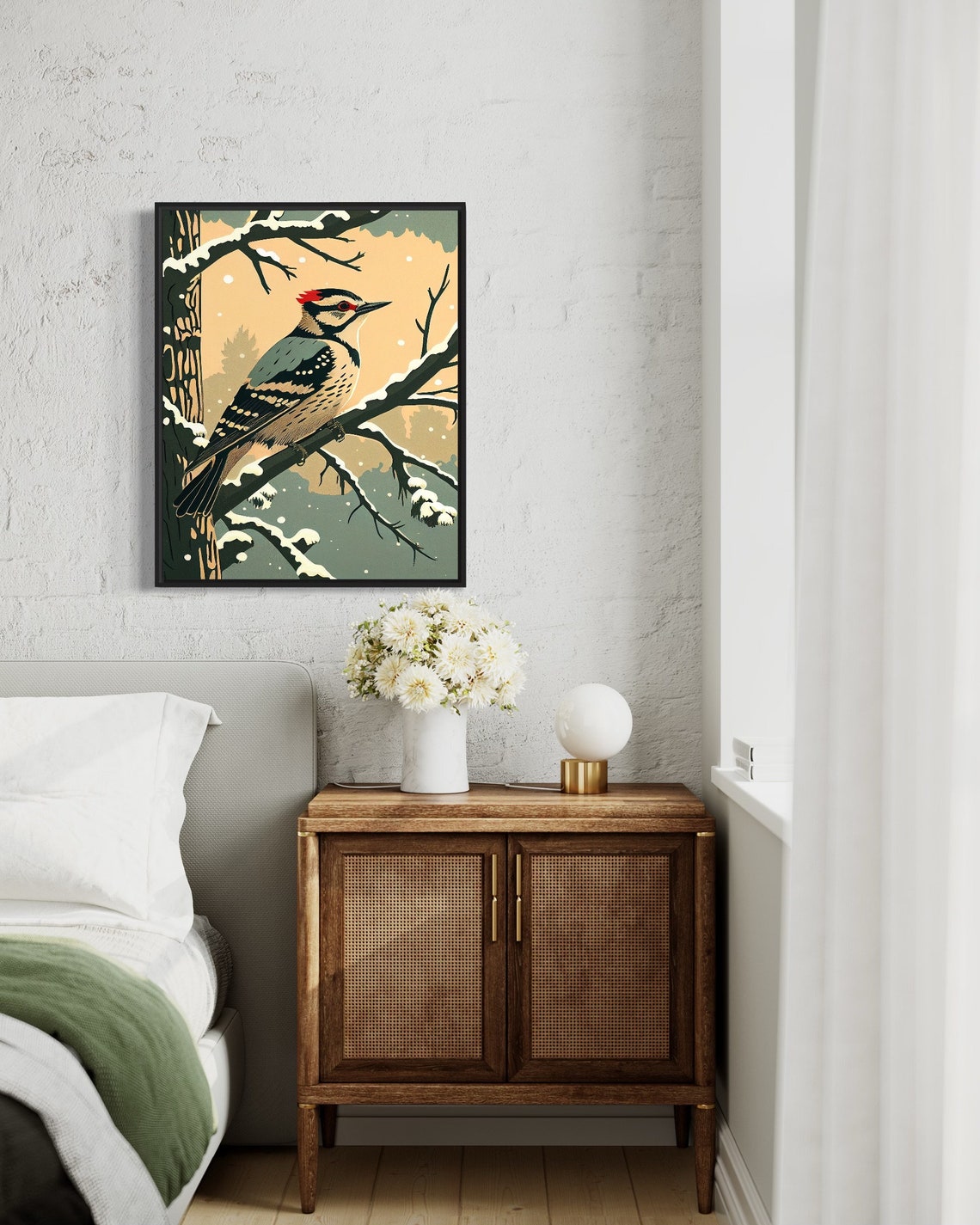 Downy Woodpecker Resting on Snowy Branch Vintage Bird Art Print - Image 3