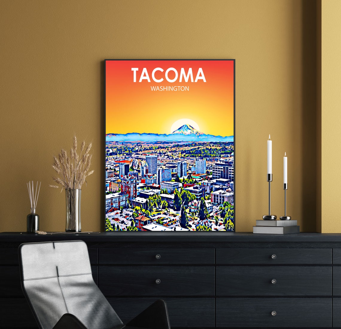 Tacoma Washington Sunset Aerial Mount Rainier Peak Art Poster - Image 2