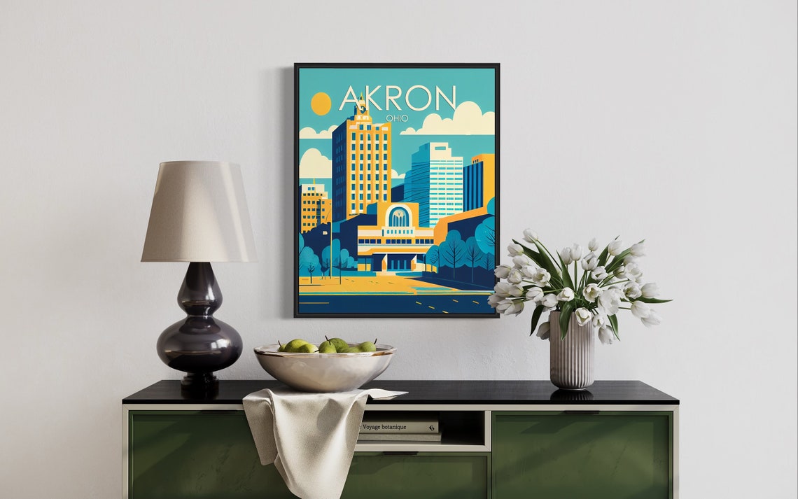 Akron Ohio Retro Downtown Skyline Golden Morning Sun Tower Poster - Image 2