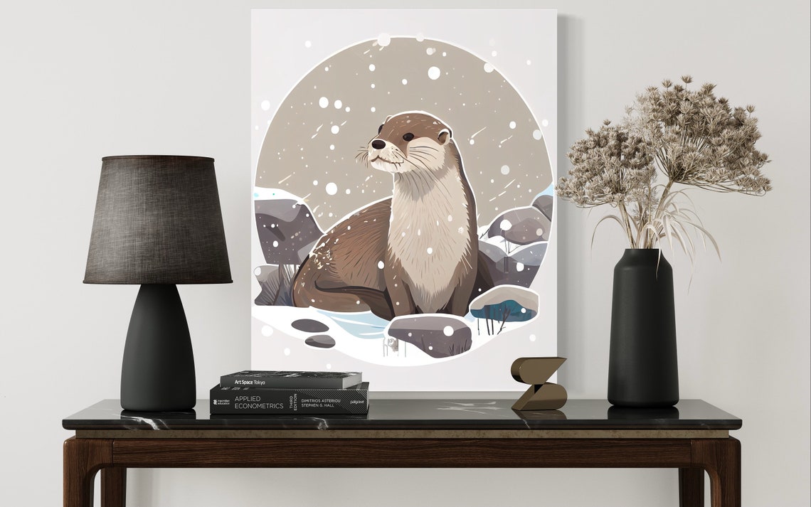 River Otter Sitting on Snowy River Rocks Winter Wildlife Art Poster - Image 2