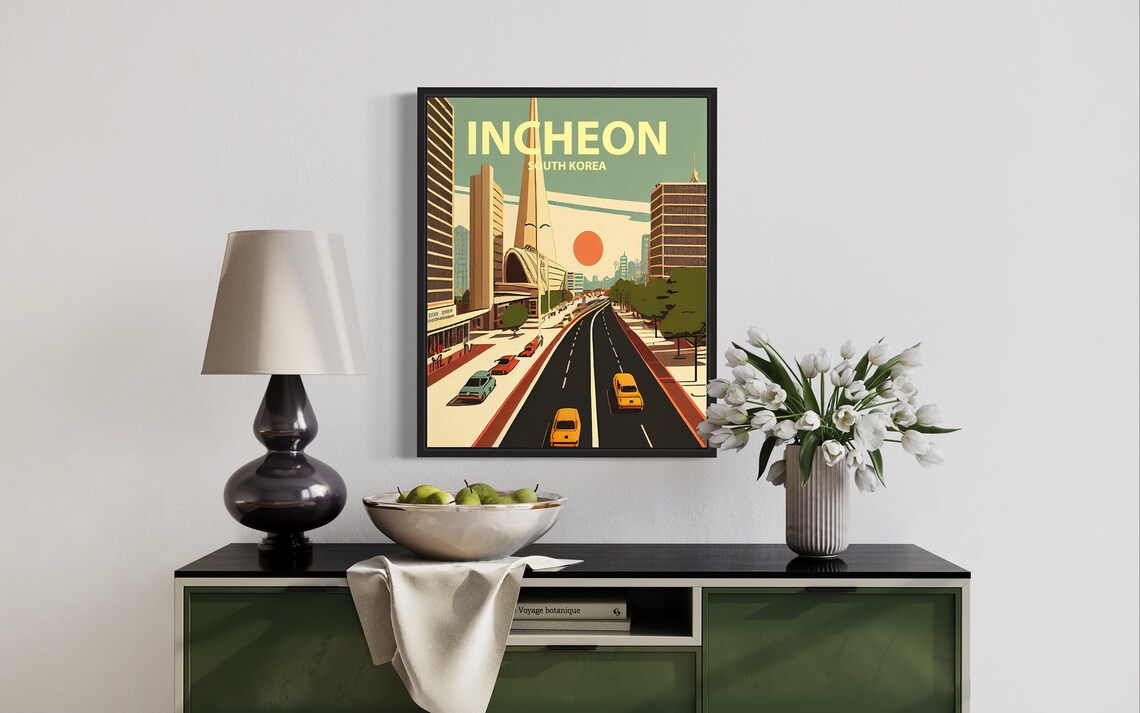 Incheon South Korea City Avenue Sunset Retro Travel Art Poster - Image 2