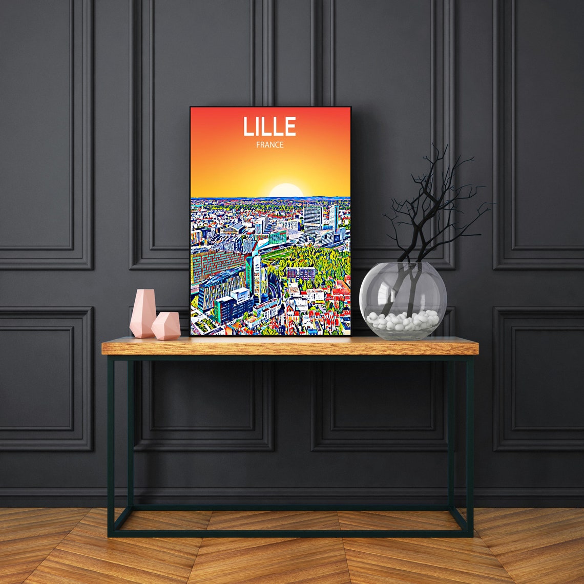 Lille France Sunset Skyline Vibrant Mosaic Cityscape Art Poster - Image 3