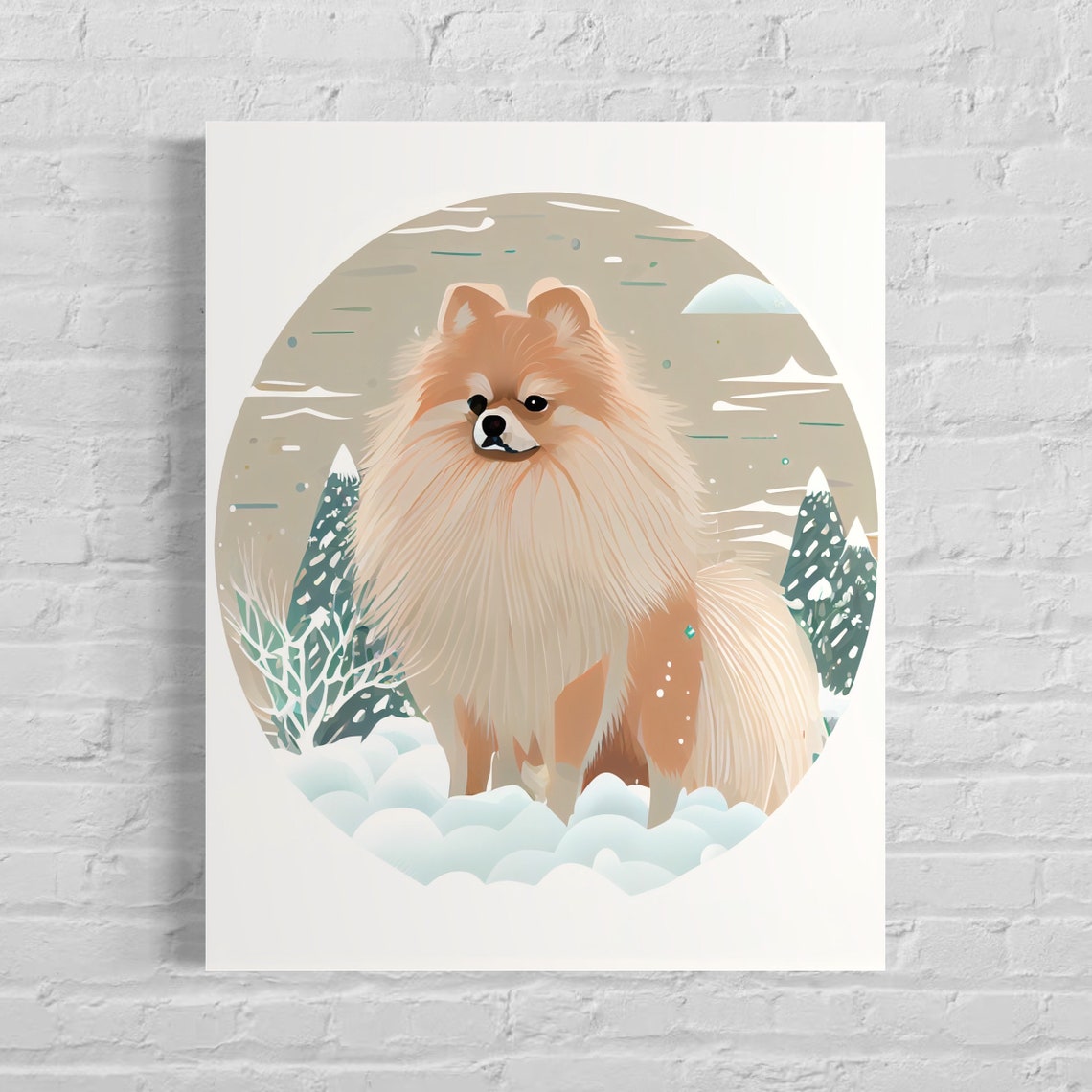 Fluffy Pomeranian Standing in Snow With Frosted Pines Dog Art Poster