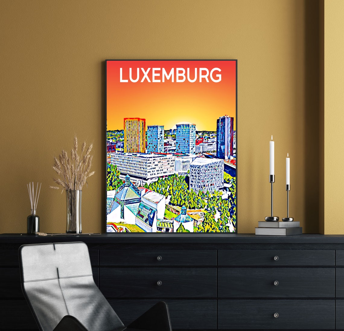 Luxembourg City Modern Towers Golden Sunset Skyline Art Poster - Image 2