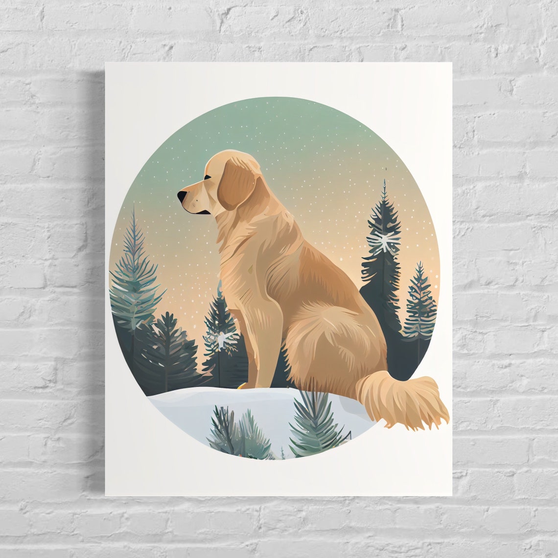 Golden Retriever Sitting in a Snowy Pine Forest Circle Poster