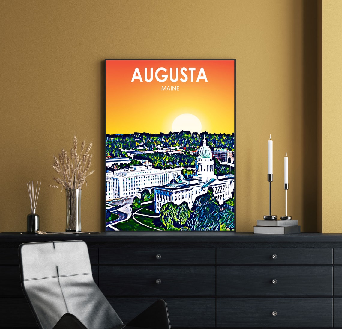 Augusta Maine Sunset Domed State House Aerial Skyline Poster - Image 2