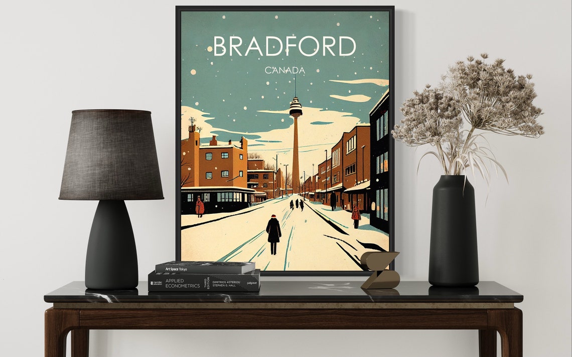 Bradford Canada Snowy Main Street Tower Winter Vintage Scene Poster - Image 2