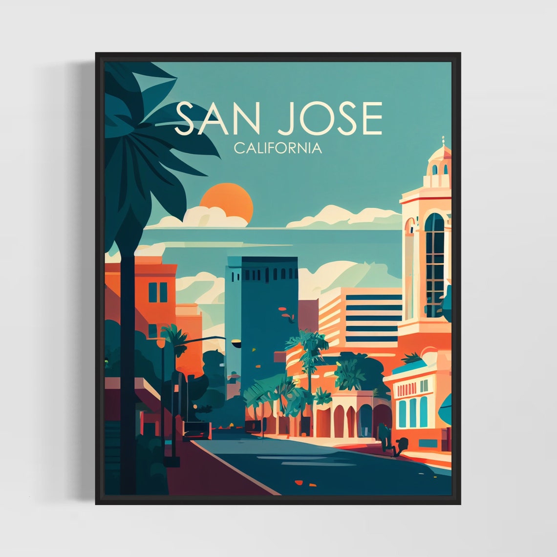 San Jose California Retro Downtown Cityscape Golden Sunset Poster