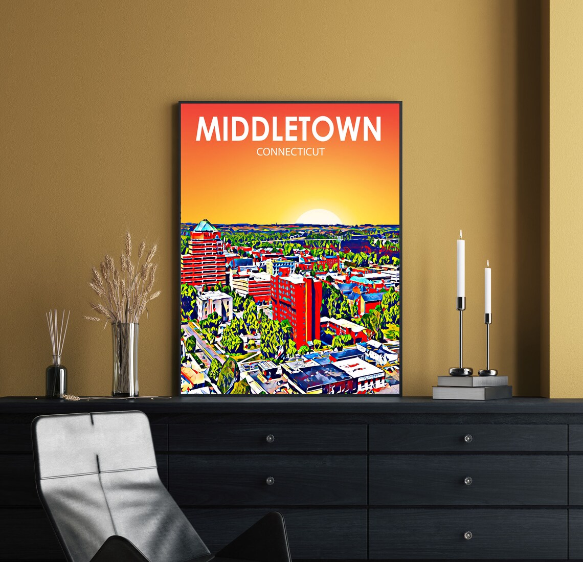 Middletown Connecticut Colorful Sunset Skyline City Travel Poster - Image 3