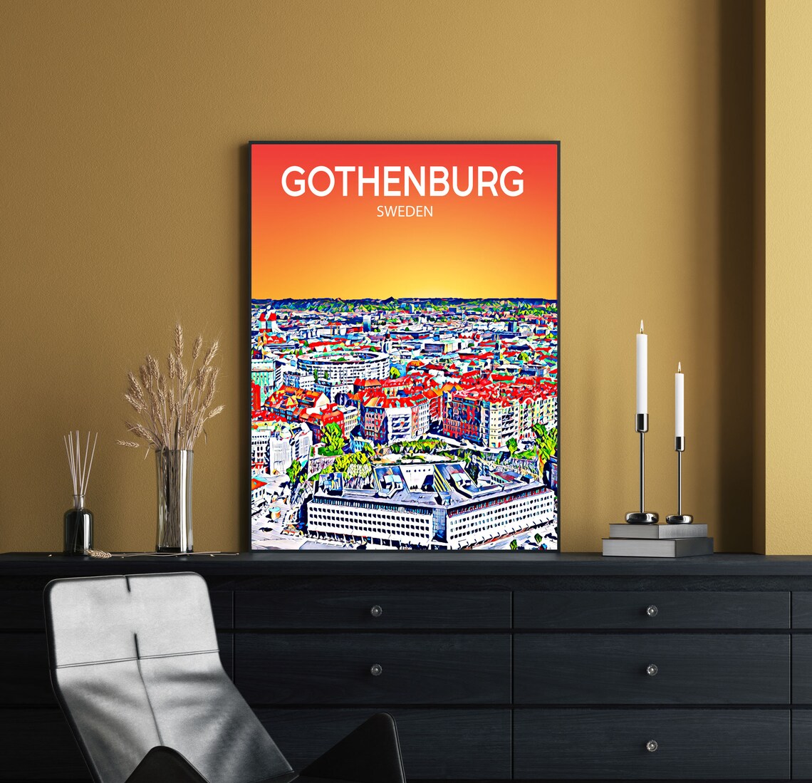 Gothenburg Sweden Art Poster Sunset Night Poster Art Print Gothenburg City Framed Modern Wall Art Colorful Skyline Sketch Photo - Image 2