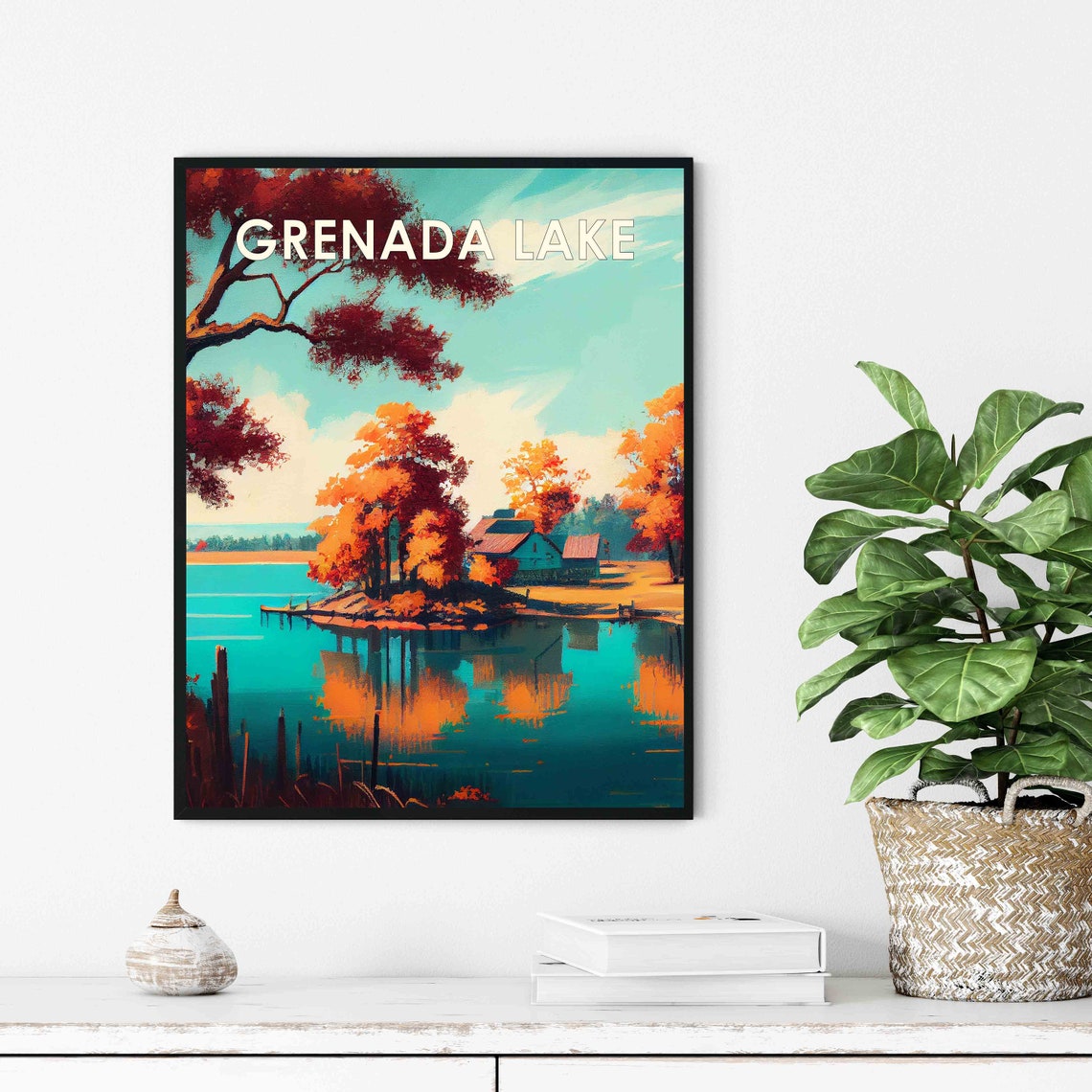 Grenada Lake Autumn Shoreline Cabins Mirror Reflections Poster - Image 3