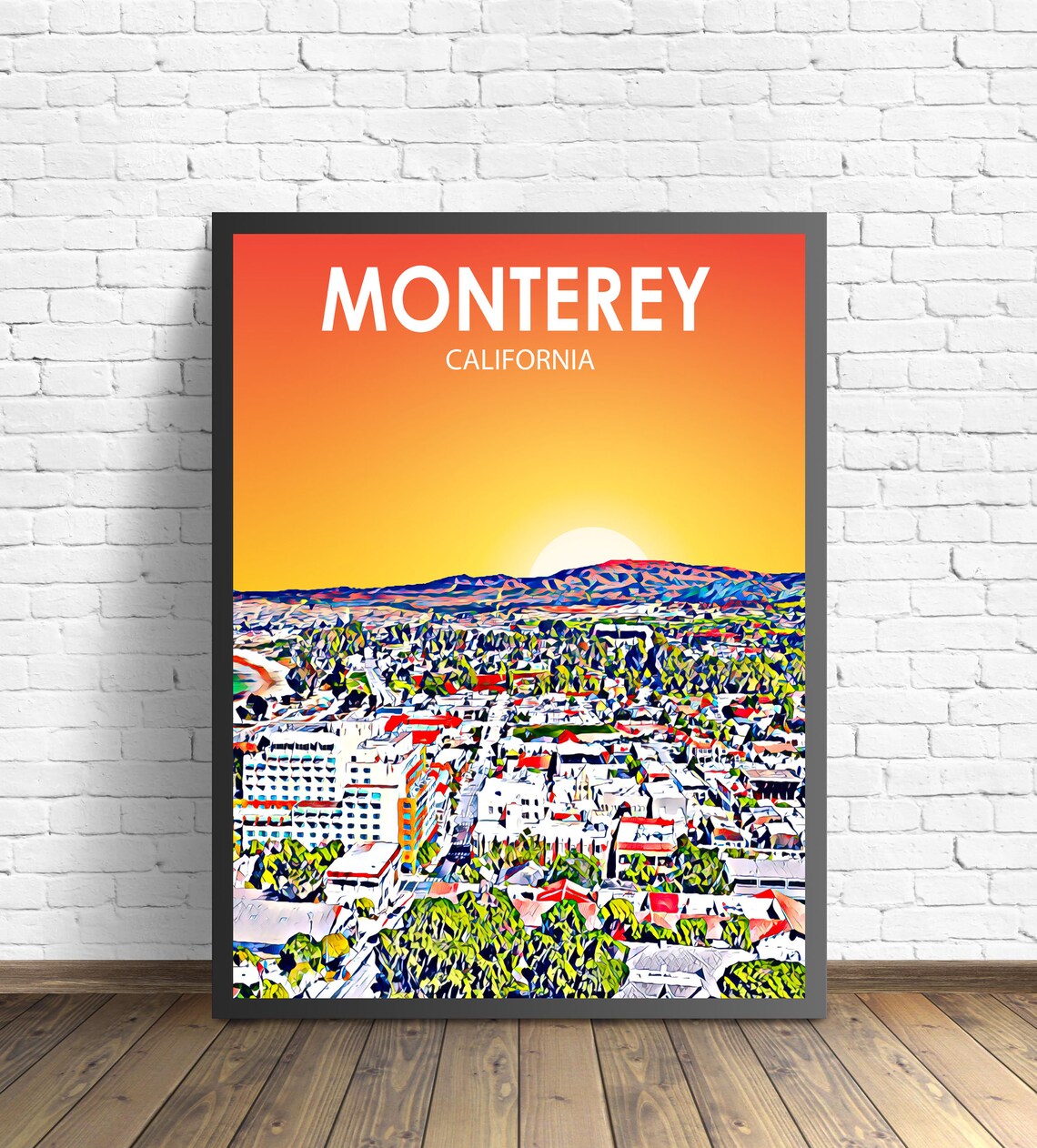 Monterey California Colorful Sunset Skyline City Travel Poster