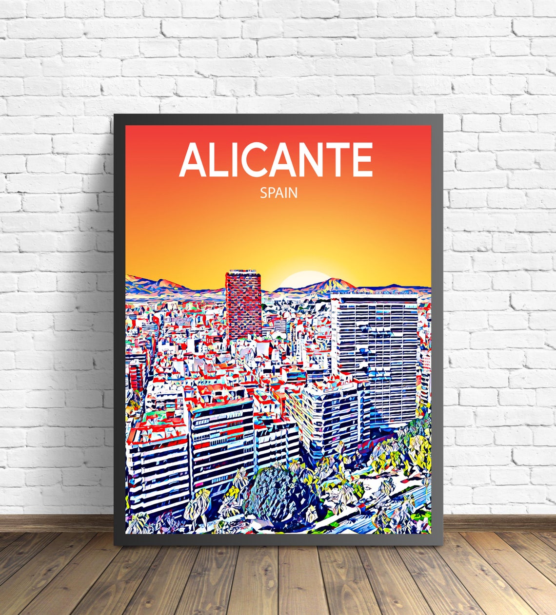 Alicante Spain Sunset Skyline Striped Towers Travel Poster Art