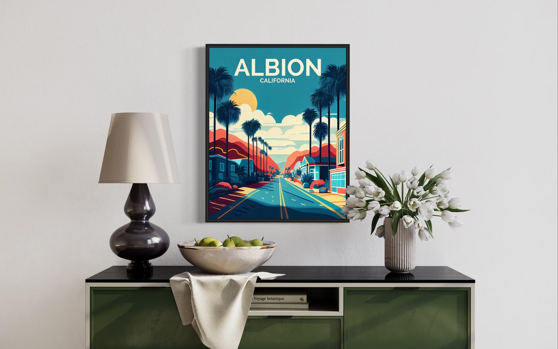 Albion California Retro Palm Tree Street Golden Sunset Poster - Image 3