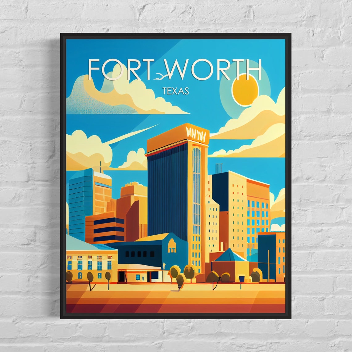 Fort Worth Texas Downtown Skyline Colorful Retro Urban Art Poster