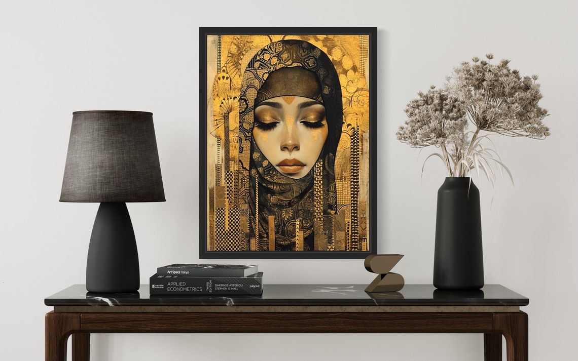 Golden Veiled Beauty Islamic Geometric Ornament Portrait Art Poster - Image 2