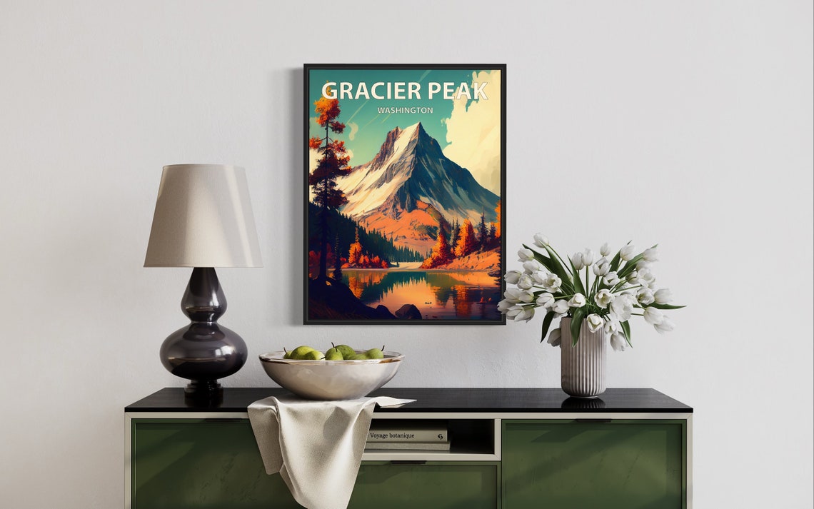 Gracier Peak Washington Snowy Summit Alpine Lake Autumn Poster - Image 3