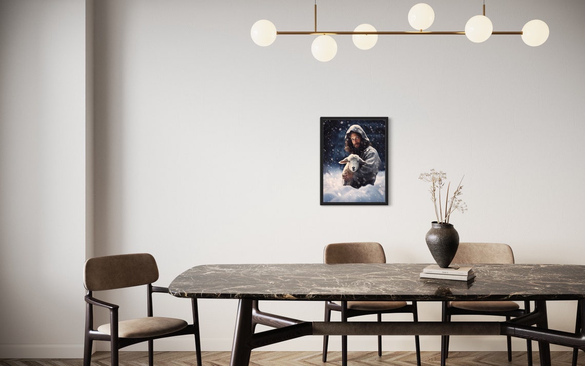 Hooded Jesus Christ Sheltering a Lamb in Falling Snow Poster - Image 3