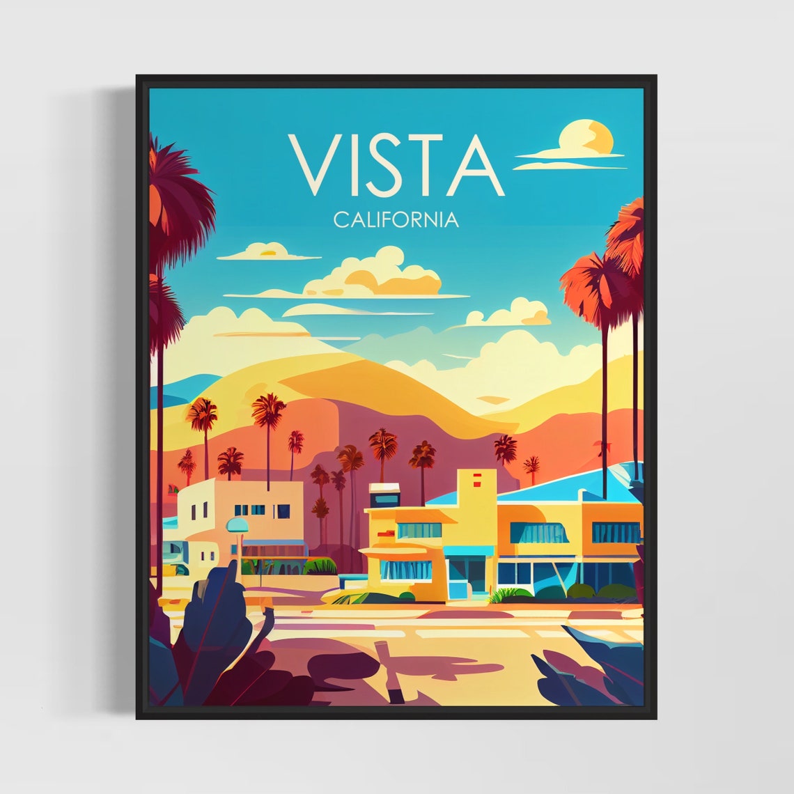 Vista California Vibrant Retro Downtown Palm Trees Travel Poster