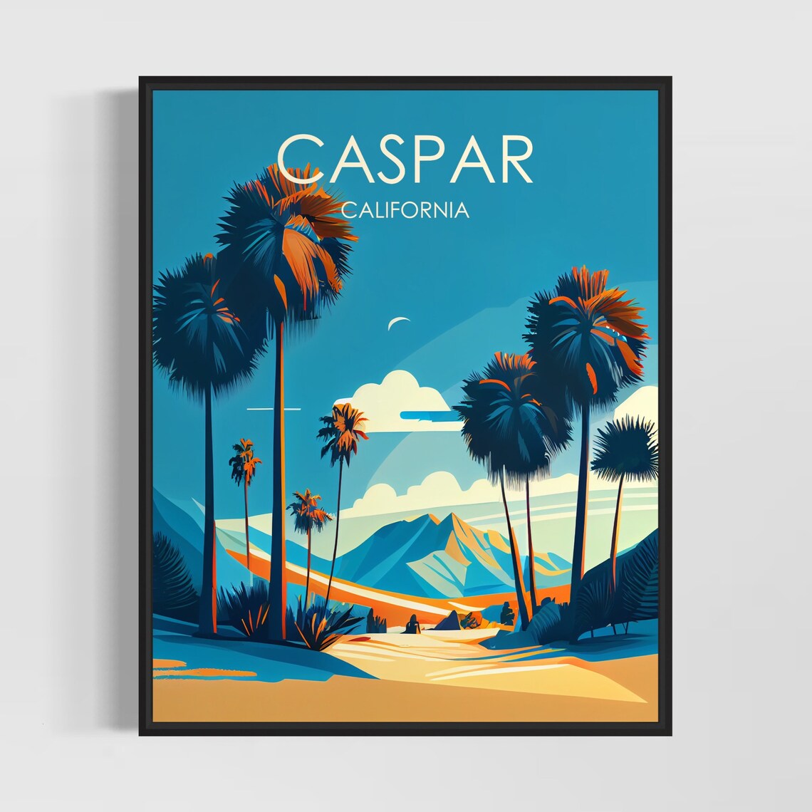 Caspar California Retro Desert Palms Against Bright Blue Sky Poster