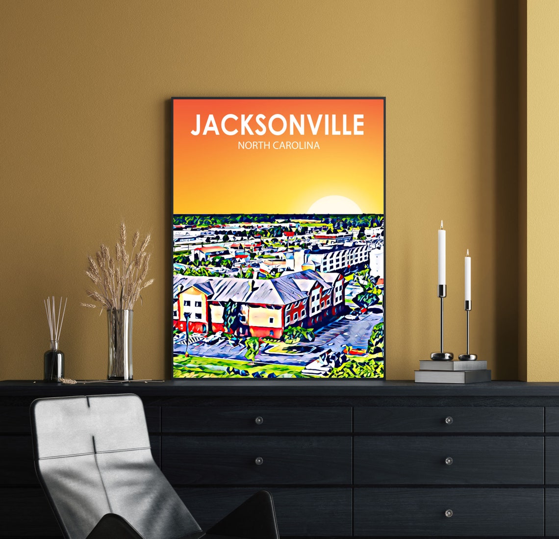 Jacksonville North Carolina Art Poster Sunset Landscape Poster Print Jacksonville Wall Art United States Colorful Skyline Sketch Photo - Image 2