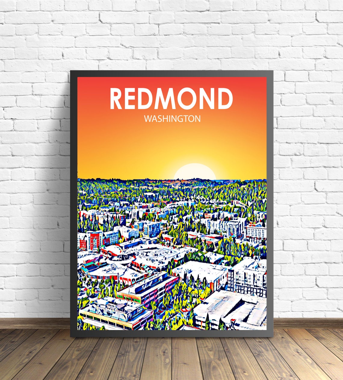 Redmond Washington Sunset Aerial Evergreen City Scene Poster
