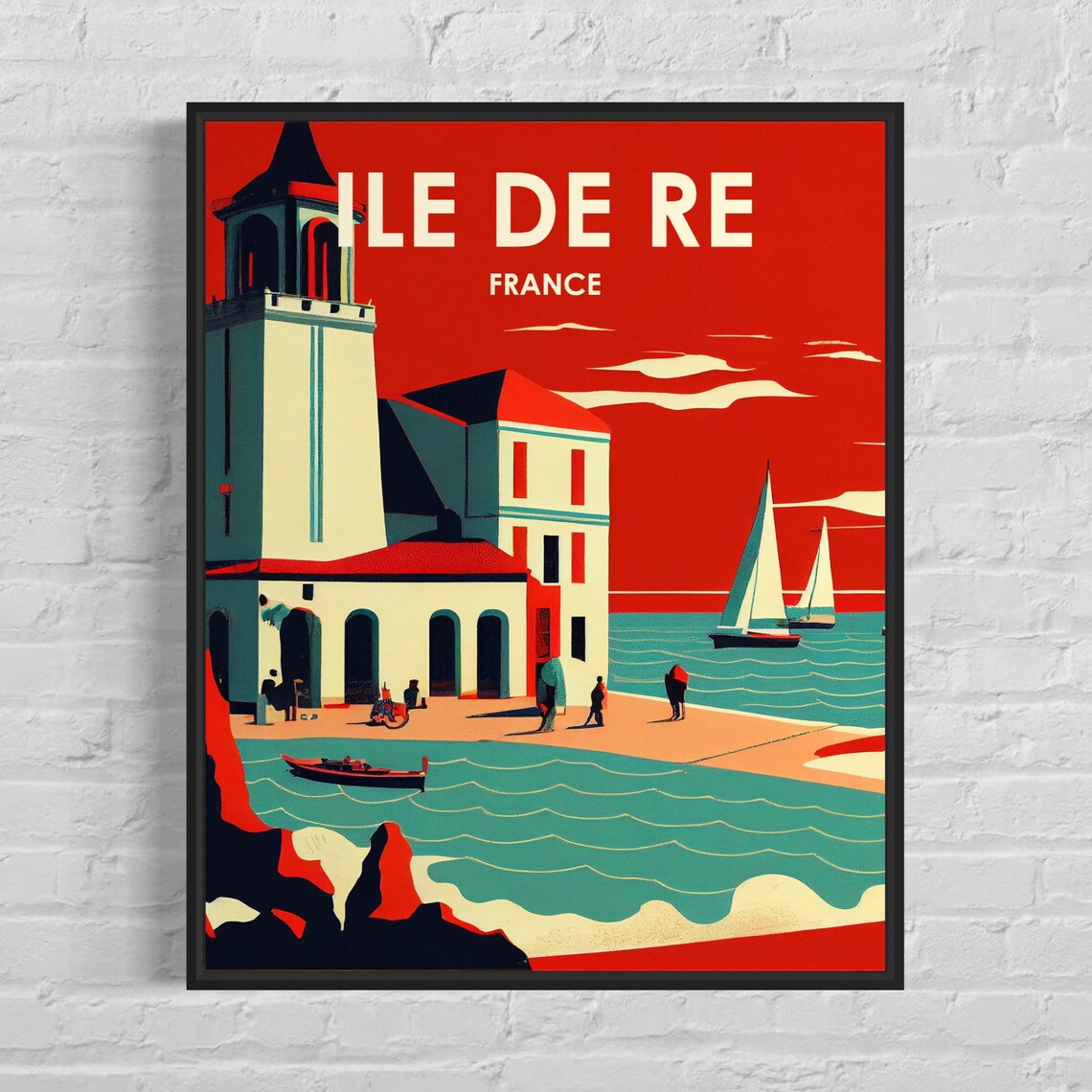 Ile de Re France Harbor Sailboats Retro Red Sky Coastal Poster