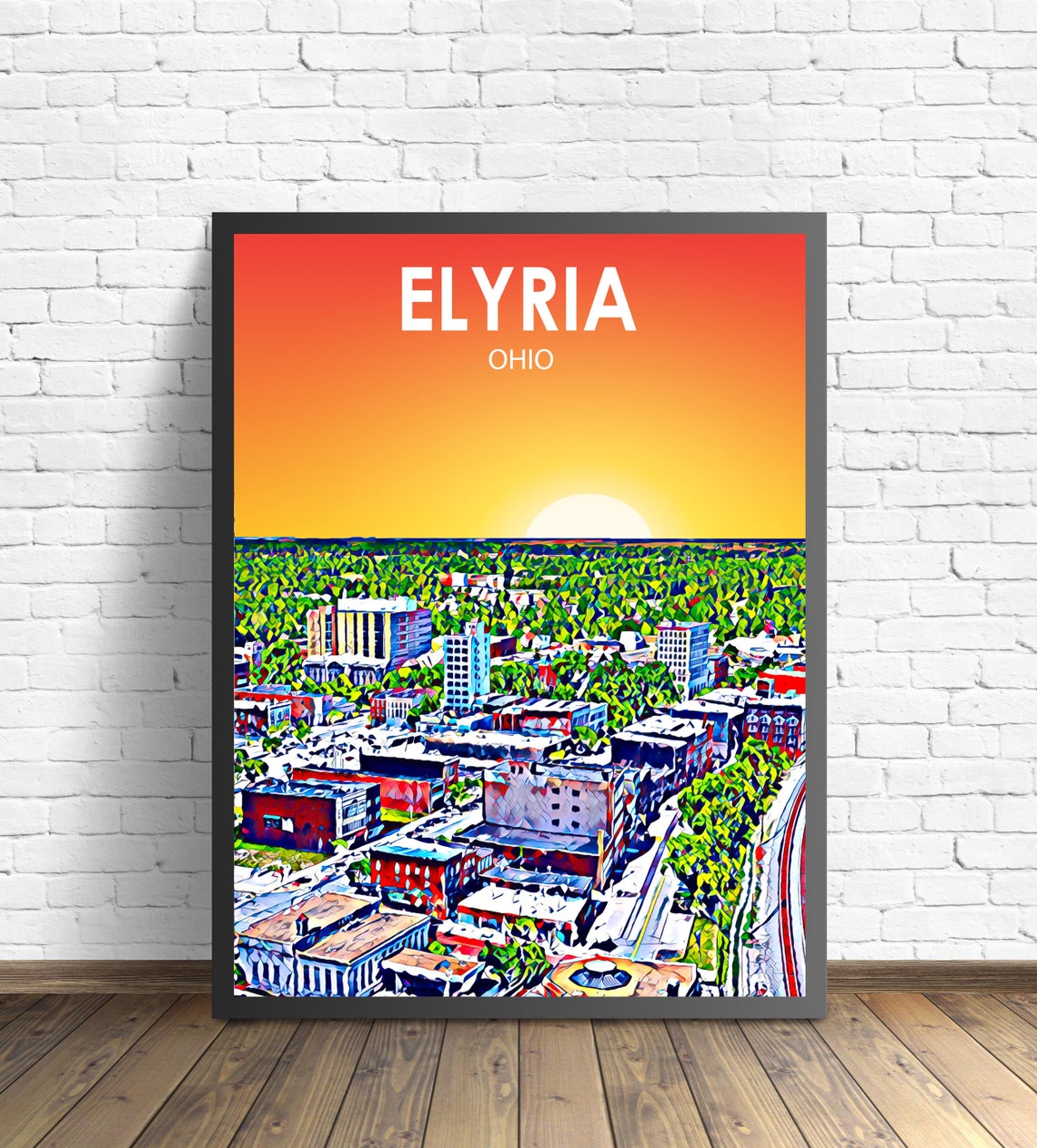 Elyria Ohio Sunset Downtown Colorful Aerial Cityscape Skyline Poster
