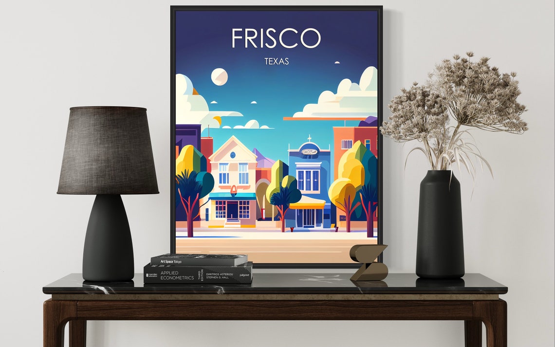 Frisco Texas Colorful Downtown Storefronts Night Sky Travel Poster - Image 2
