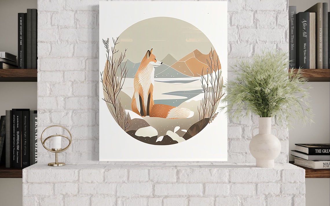 Red Fox Sitting Beside a Frozen Winter Lake Circle Art Poster - Image 3