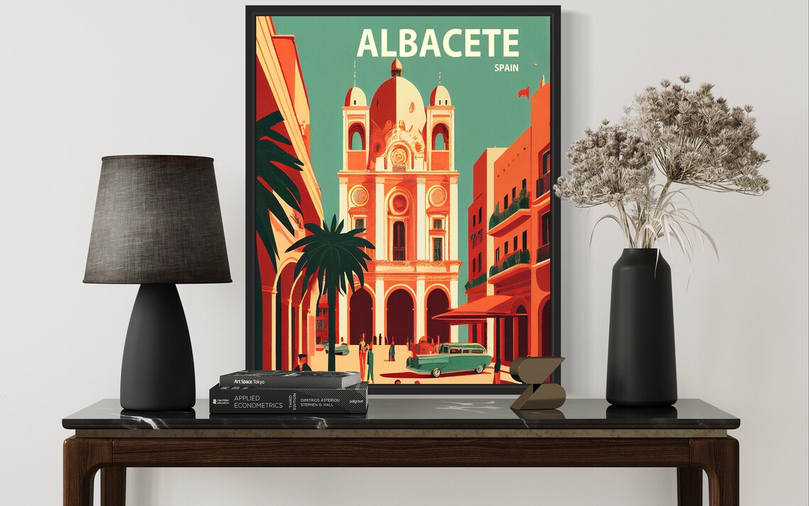 Albacete Spain Retro Cathedral Plaza Classic Car Vintage Art Poster - Image 3