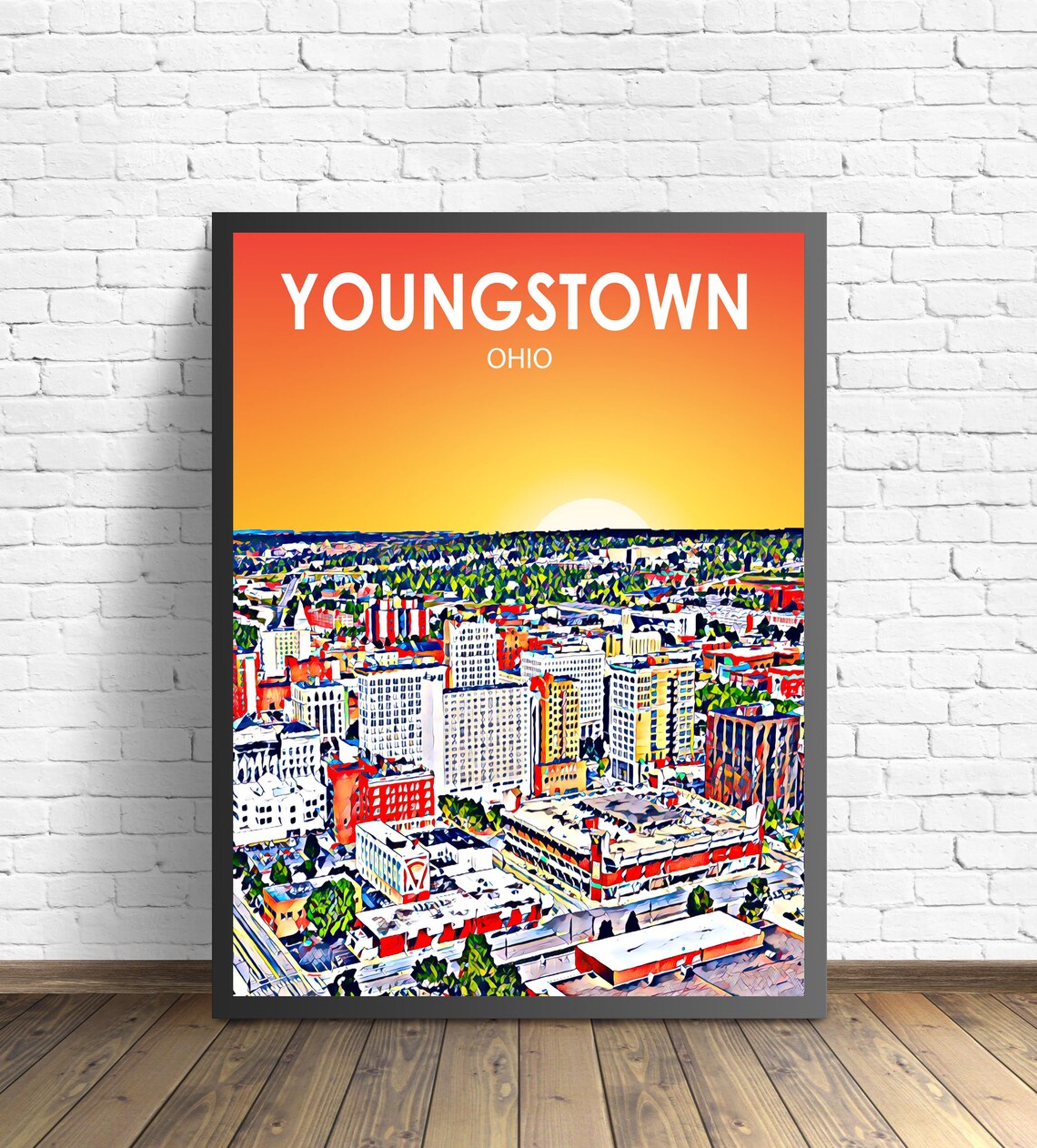 Youngstown Ohio Aerial City Sunset Pop Art Style Travel Poster