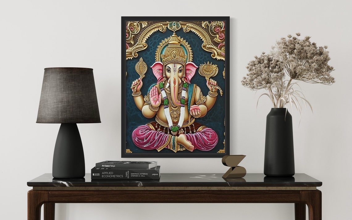 Seated Four-Armed Lord Ganesha in Gold Tanjore Style Art Poster - Image 2