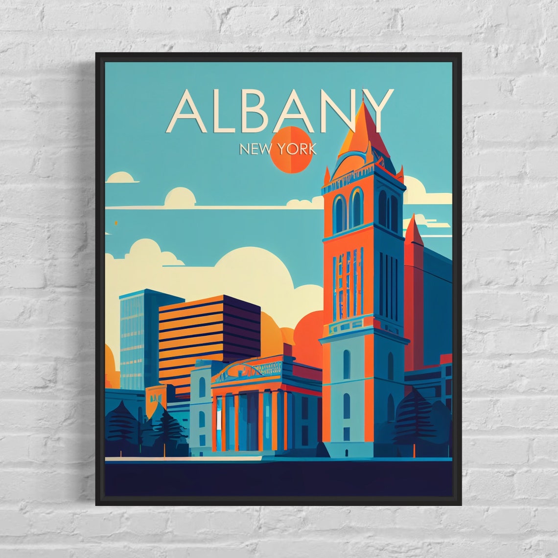 Albany New York Orange Sun Clock Tower Skyline Retro Travel Poster