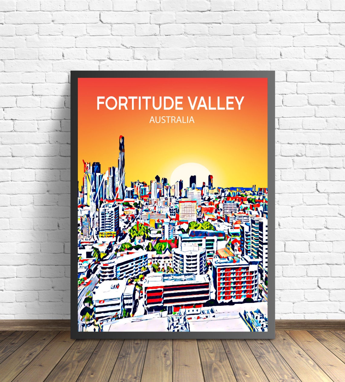Fortitude Valley Australia Skyline Sunset Pop Art City Travel Poster
