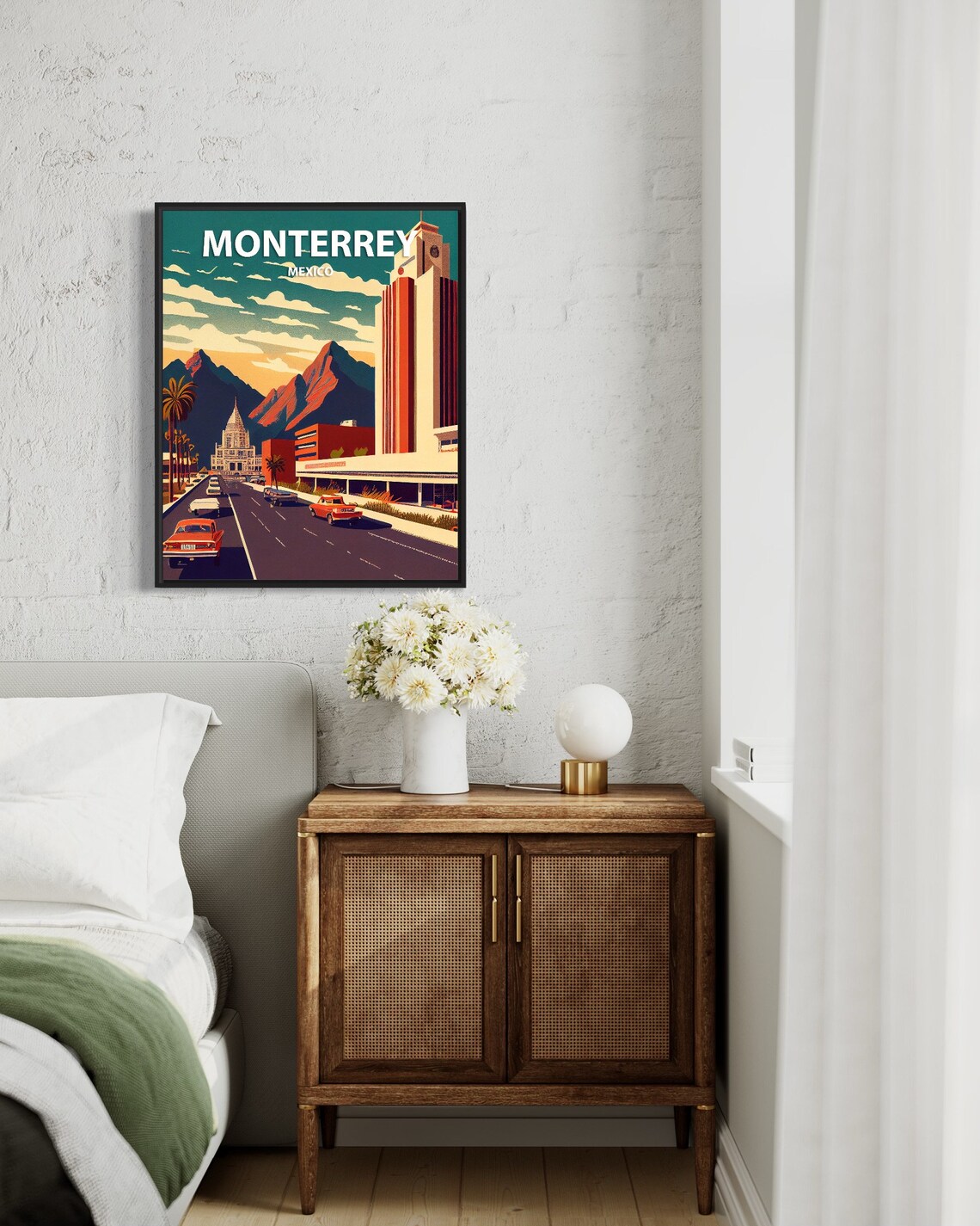 Monterrey Mexico Mountain Skyline Classic Cars Vintage Travel Poster - Image 3