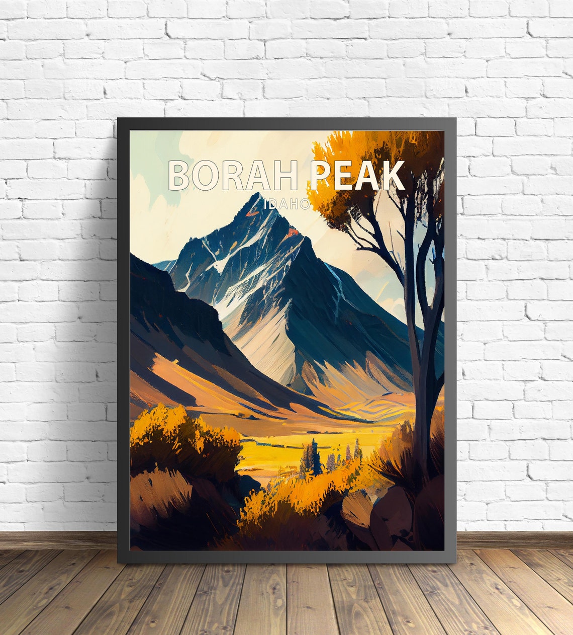 Borah Peak Idaho Golden Valley Summit Autumn Retro Travel Poster