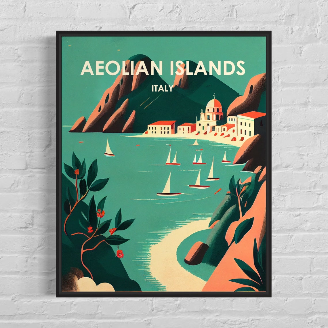 Aeolian Islands Italy Turquoise Bay Sailboats Coastal Poster