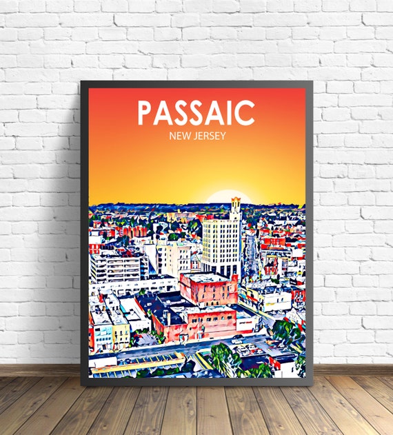 Passaic Nj Art Poster New Jersey Sunset Landscape Poster Print Passaic City Wall Art Colorful Skyline Sketch Photo